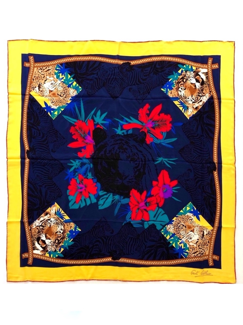 Vintage Gant Gaither Colorful Tigers Print Silk Rare Art to Wear Scarf Rare